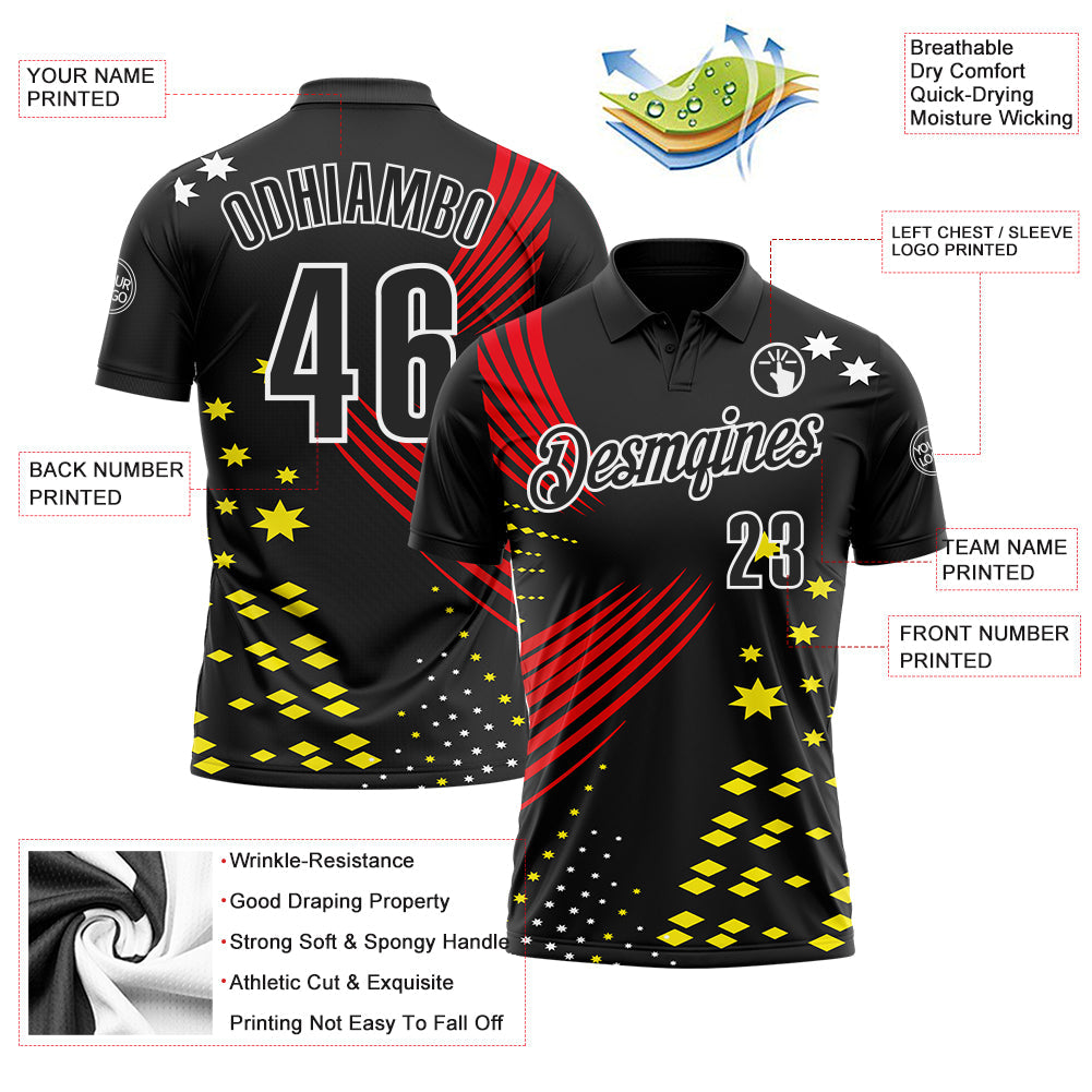 Custom Black Fire Red Light Yellow-White 3D Pattern Design Star And Geometric Shapes Performance Polo Shirt view 3