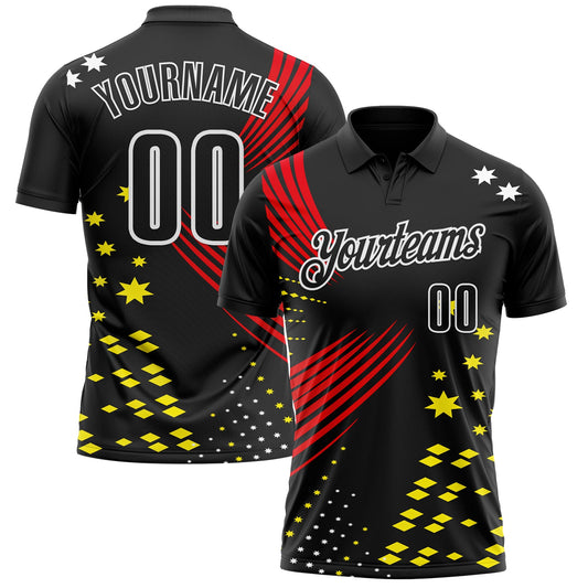 Custom Black Fire Red Light Yellow-White 3D Pattern Design Star And Geometric Shapes Performance Polo Shirt - Main View