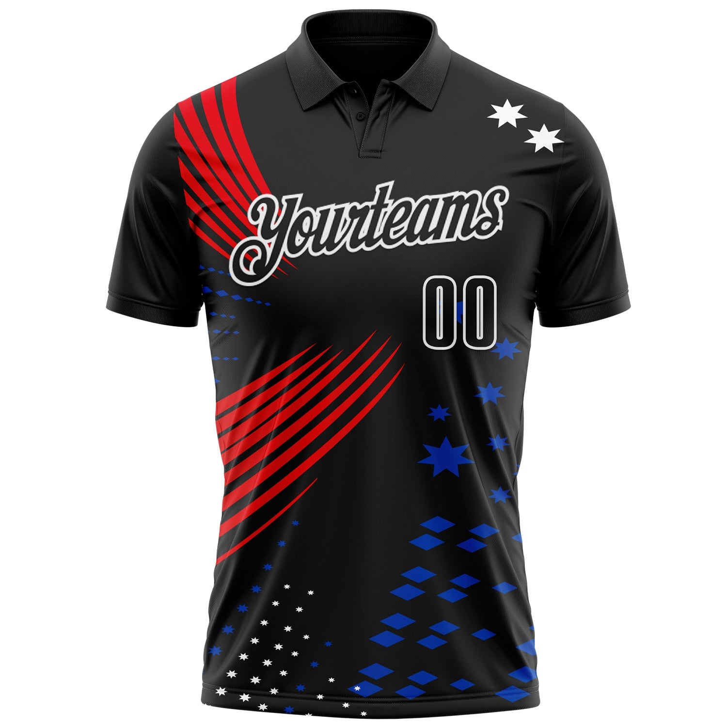Custom Black Fire Red Thunder Blue-White 3D Pattern Design Star And Geometric Shapes Performance Polo Shirt view 2