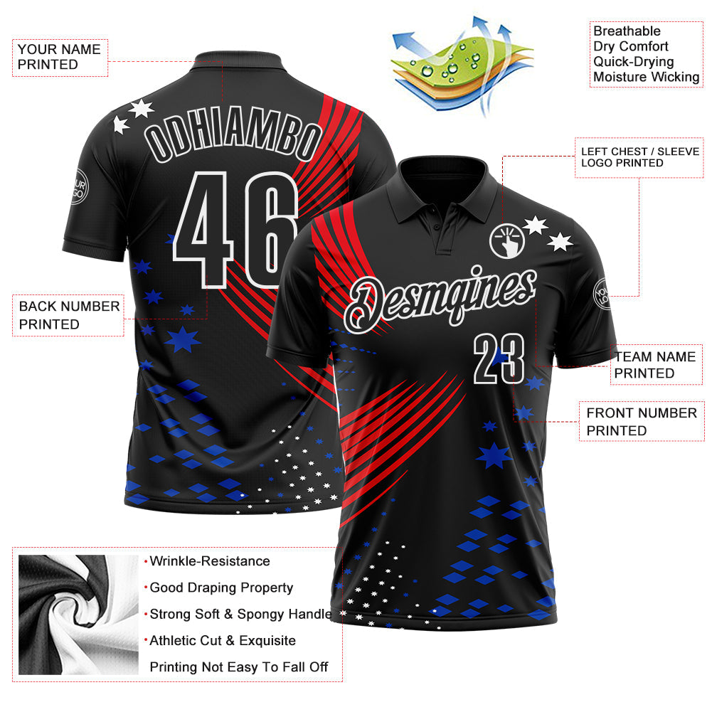 Custom Black Fire Red Thunder Blue-White 3D Pattern Design Star And Geometric Shapes Performance Polo Shirt view 3