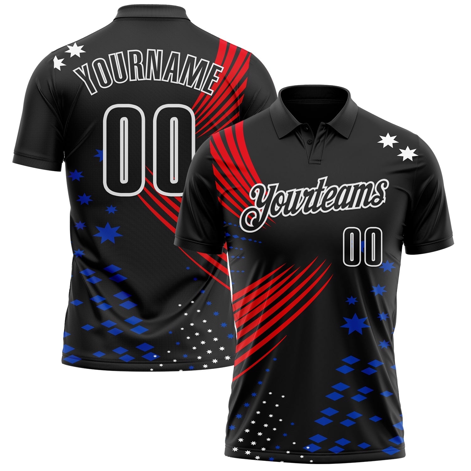 Custom Black Fire Red Thunder Blue-White 3D Pattern Design Star And Geometric Shapes Performance Polo Shirt - Main View