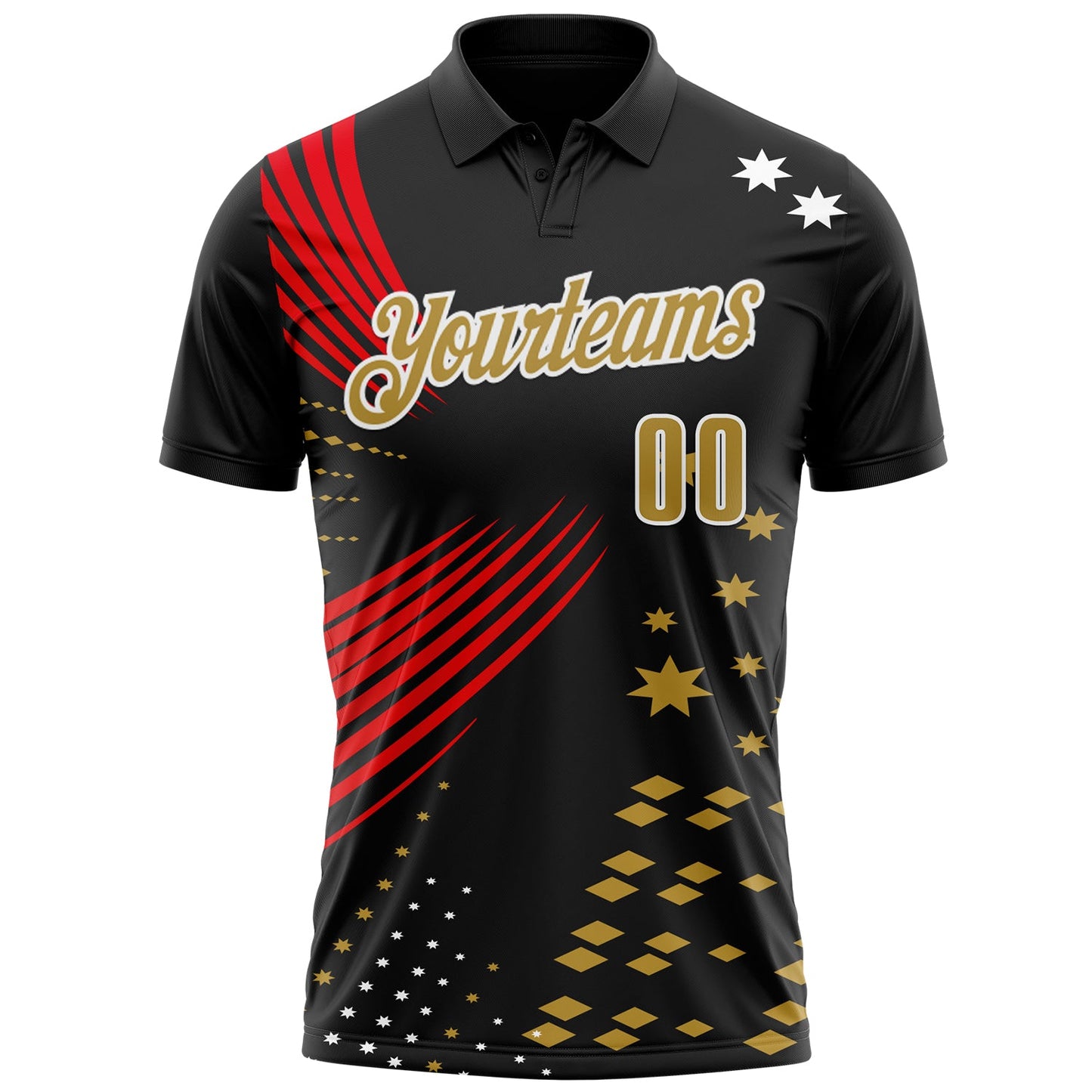 Custom Black Old Gold Fire Red-White 3D Pattern Design Star And Geometric Shapes Performance Polo Shirt view 2