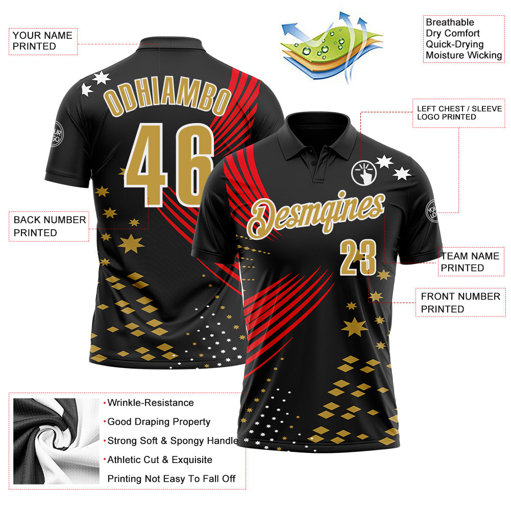Custom Black Old Gold Fire Red-White 3D Pattern Design Star And Geometric Shapes Performance Polo Shirt view 3
