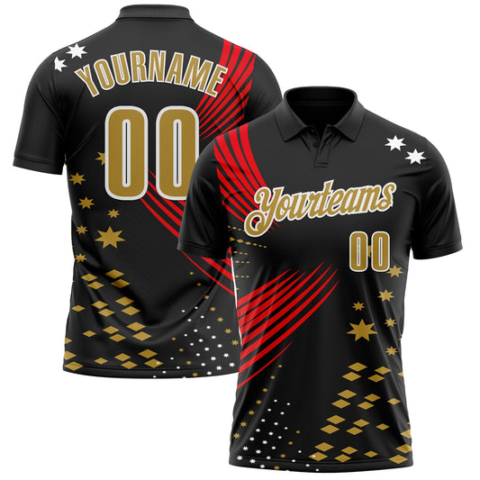 Custom Black Old Gold Fire Red-White 3D Pattern Design Star And Geometric Shapes Performance Polo Shirt - Main View