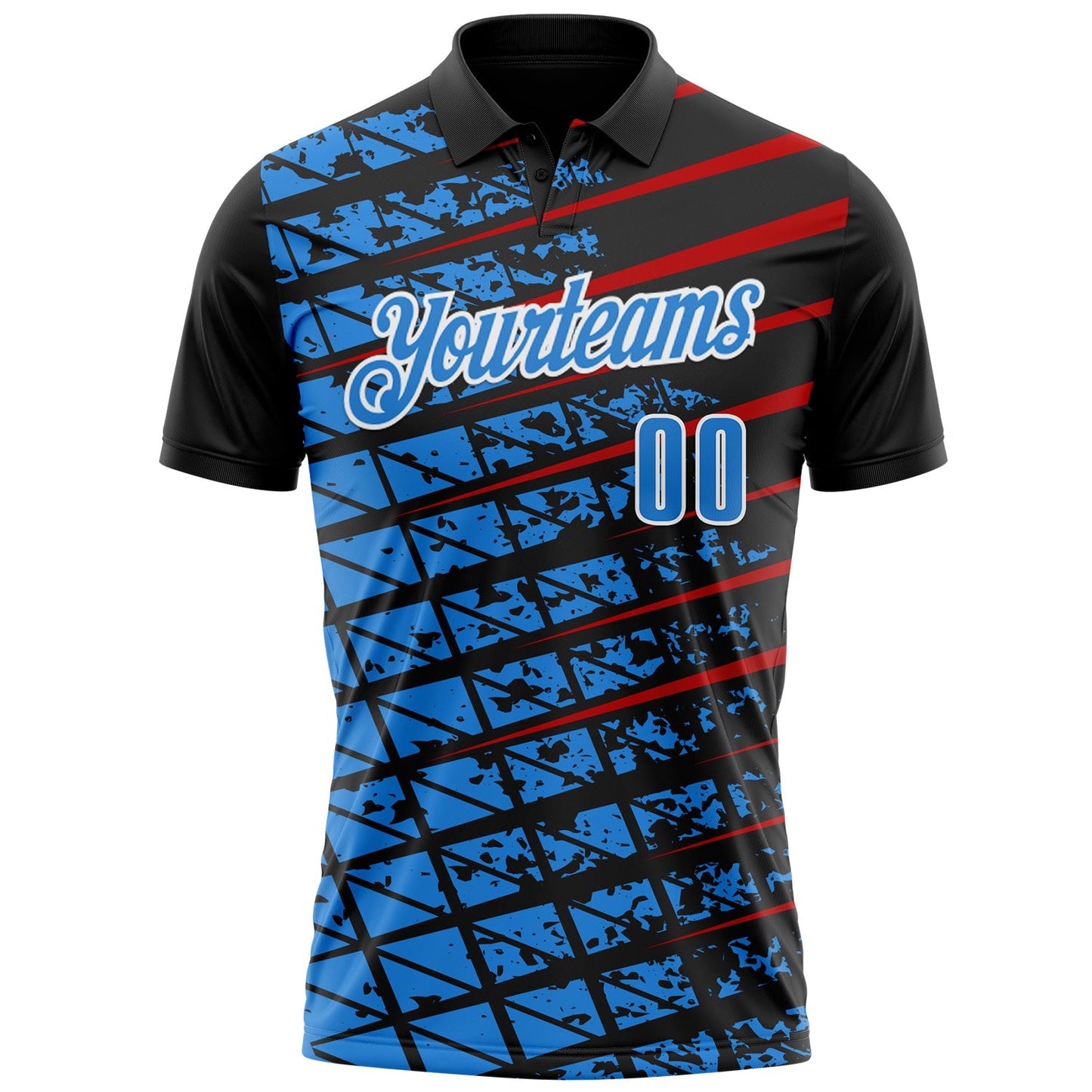 Custom Black Powder Blue Red-White 3D Pattern Design Grid And Fragment Art Performance Polo Shirt view 2
