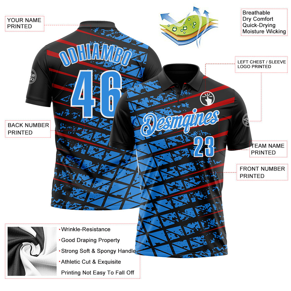 Custom Black Powder Blue Red-White 3D Pattern Design Grid And Fragment Art Performance Polo Shirt view 3