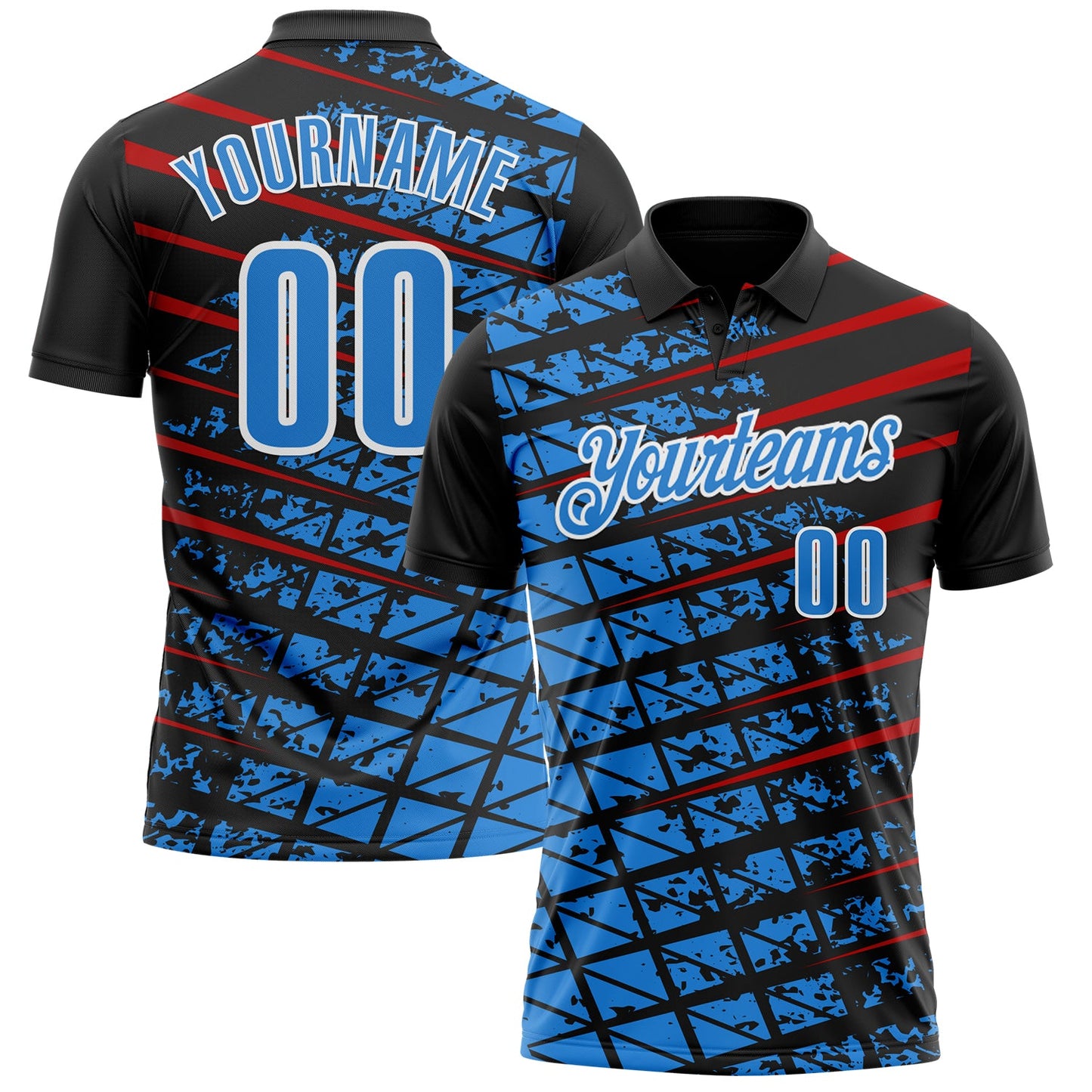 Custom Black Powder Blue Red-White 3D Pattern Design Grid And Fragment Art Performance Polo Shirt - Main View