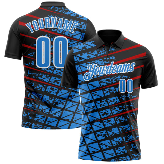 Custom Black Powder Blue Red-White 3D Pattern Design Grid And Fragment Art Performance Polo Shirt - Main View