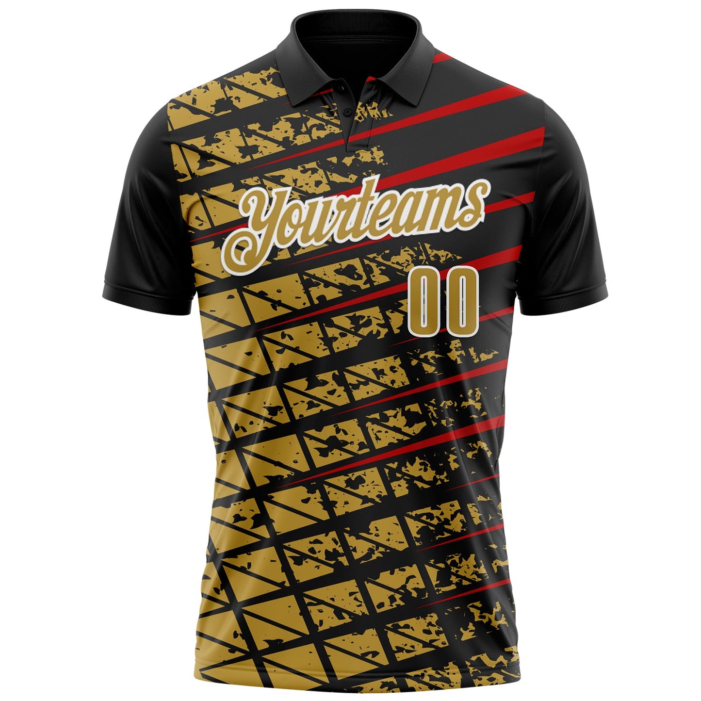Custom Black Old Gold Red-White 3D Pattern Design Grid And Fragment Art Performance Polo Shirt view 2