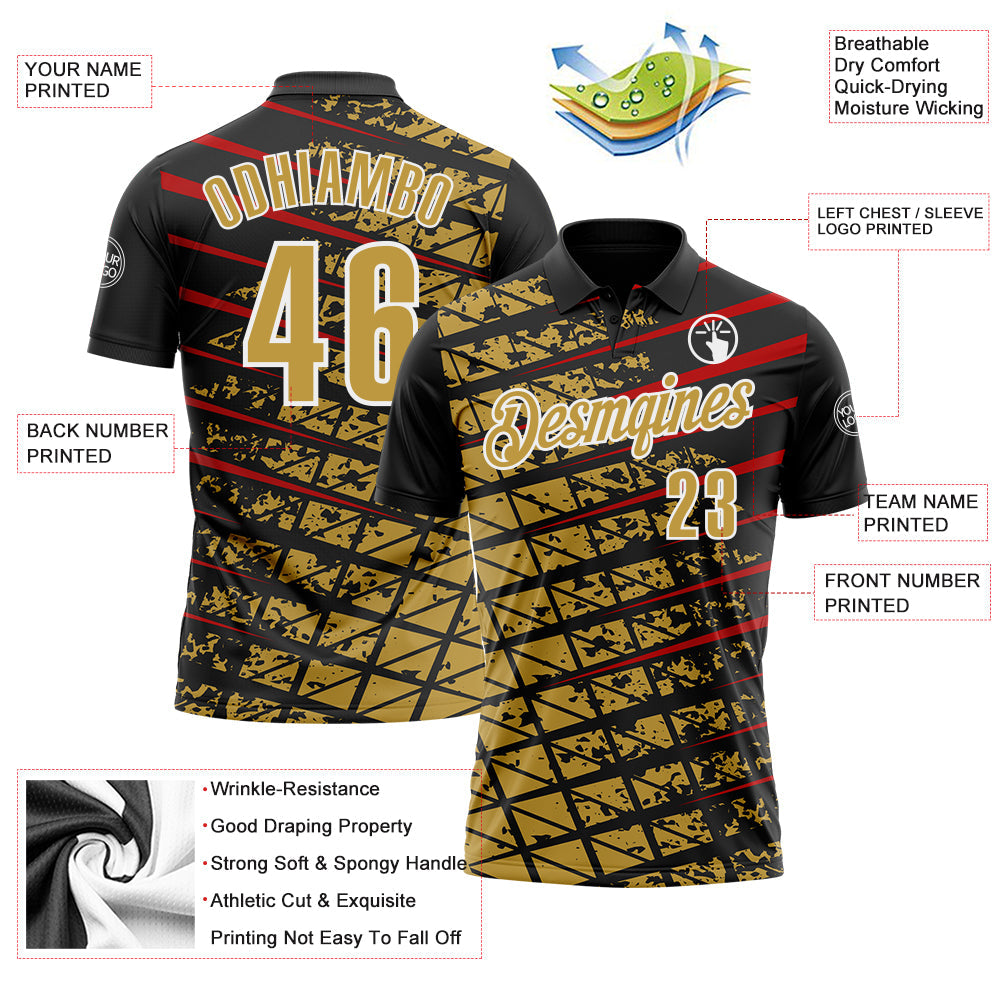Custom Black Old Gold Red-White 3D Pattern Design Grid And Fragment Art Performance Polo Shirt view 3