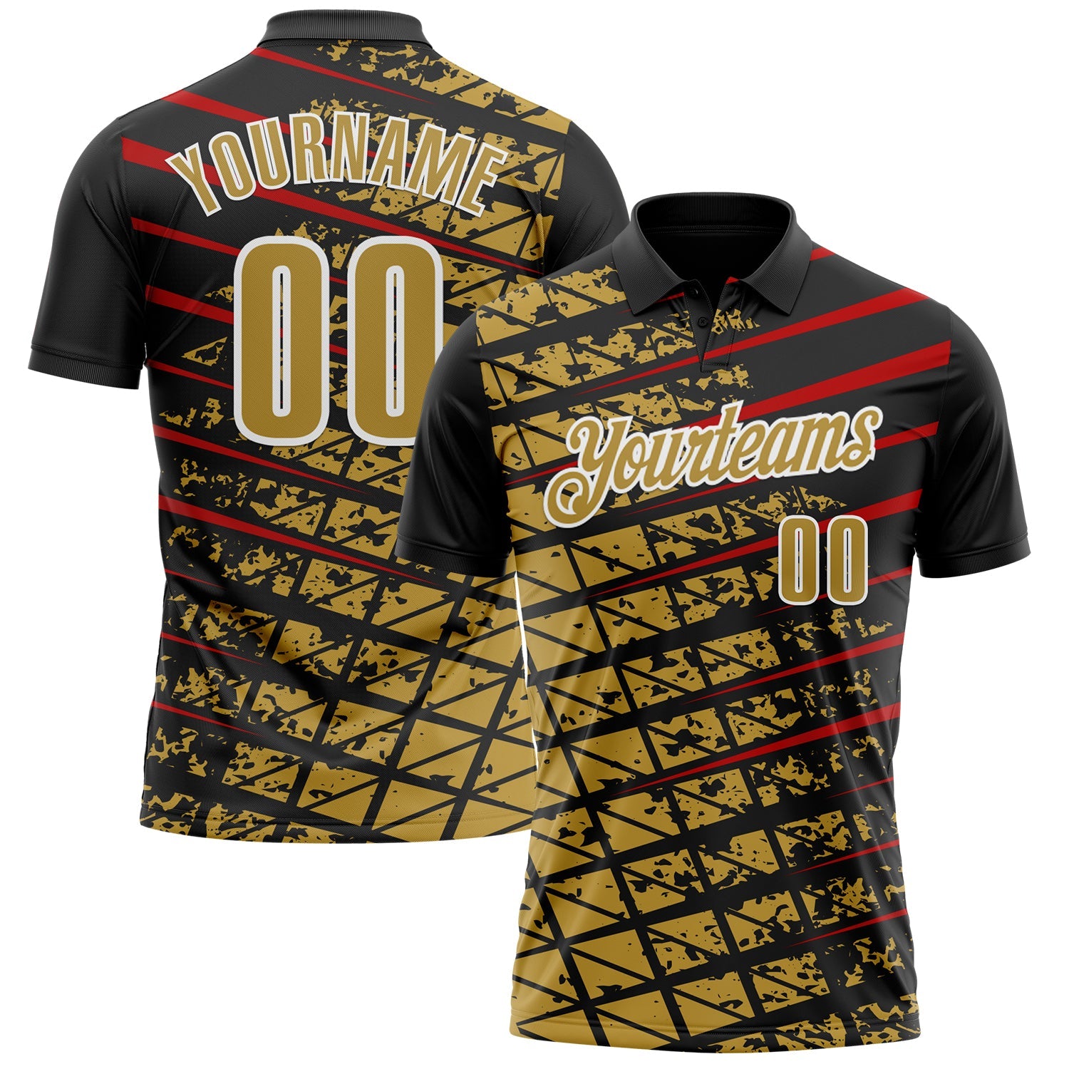 Custom Black Old Gold Red-White 3D Pattern Design Grid And Fragment Art Performance Polo Shirt - Main View