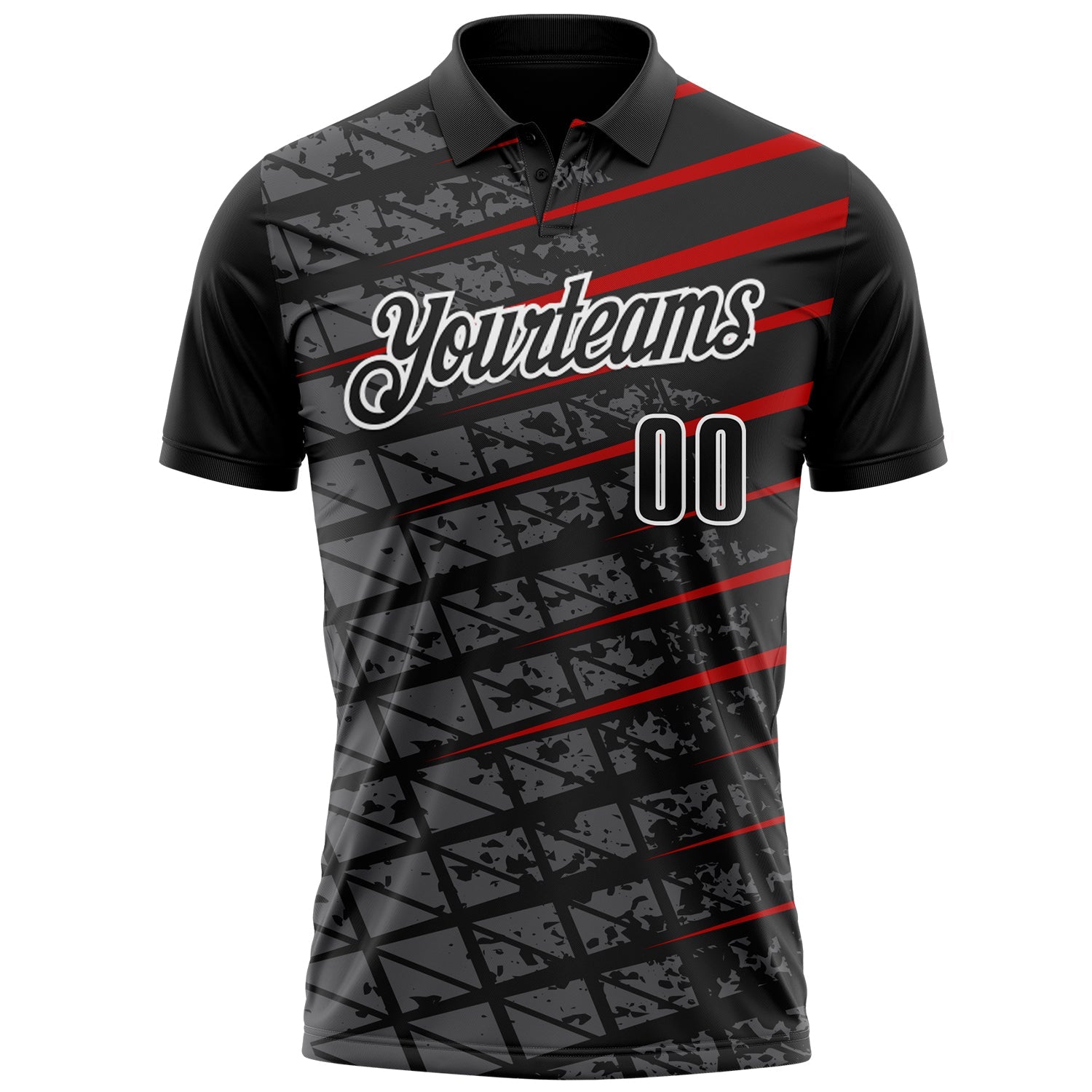 Custom Black Steel Gray Red-White 3D Pattern Design Grid And Fragment Art Performance Polo Shirt view 2