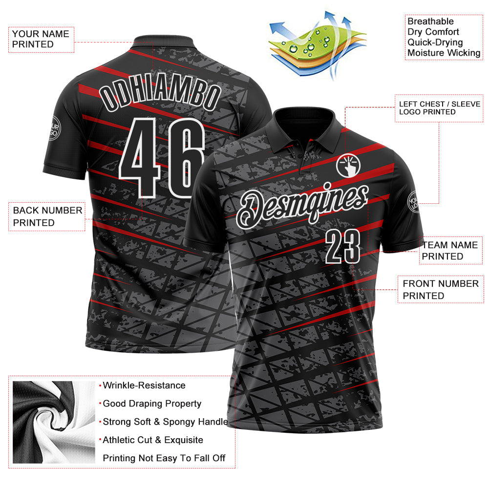 Custom Black Steel Gray Red-White 3D Pattern Design Grid And Fragment Art Performance Polo Shirt view 3