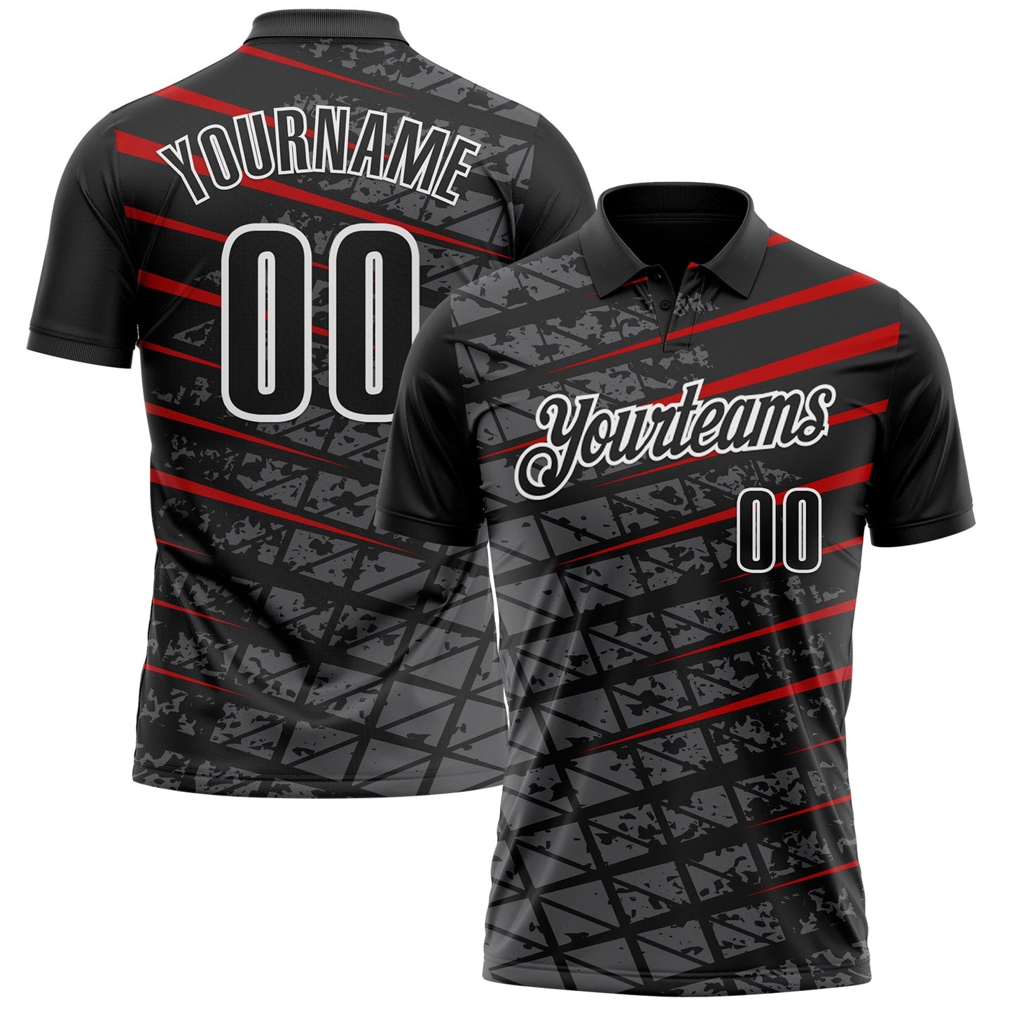 Custom Black Steel Gray Red-White 3D Pattern Design Grid And Fragment Art Performance Polo Shirt - Main View