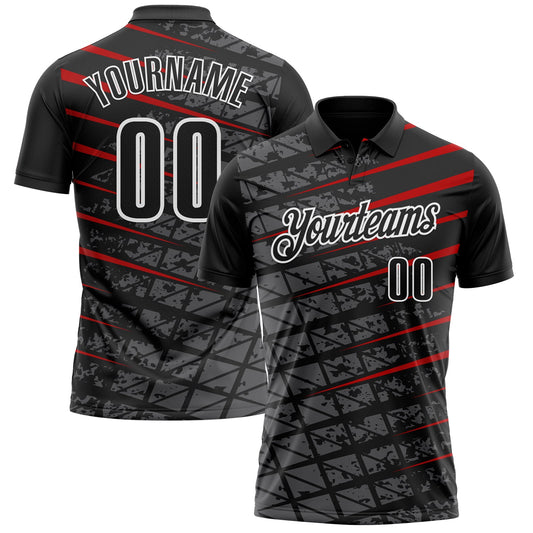 Custom Black Steel Gray Red-White 3D Pattern Design Grid And Fragment Art Performance Polo Shirt - Main View