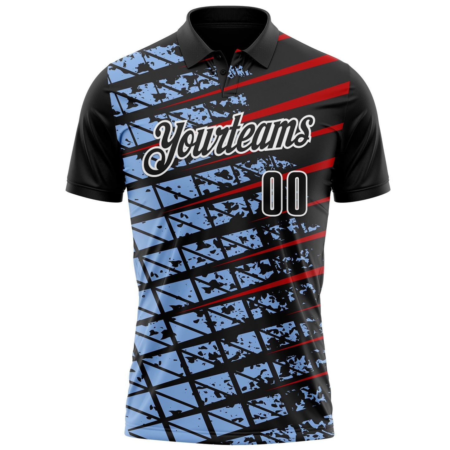 Custom Black Light Blue Red-White 3D Pattern Design Grid And Fragment Art Performance Polo Shirt view 2