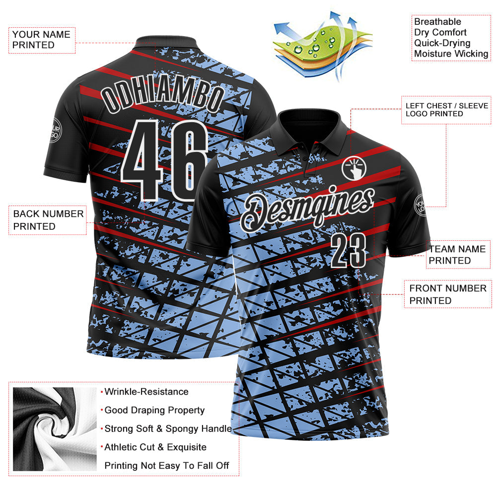 Custom Black Light Blue Red-White 3D Pattern Design Grid And Fragment Art Performance Polo Shirt view 3