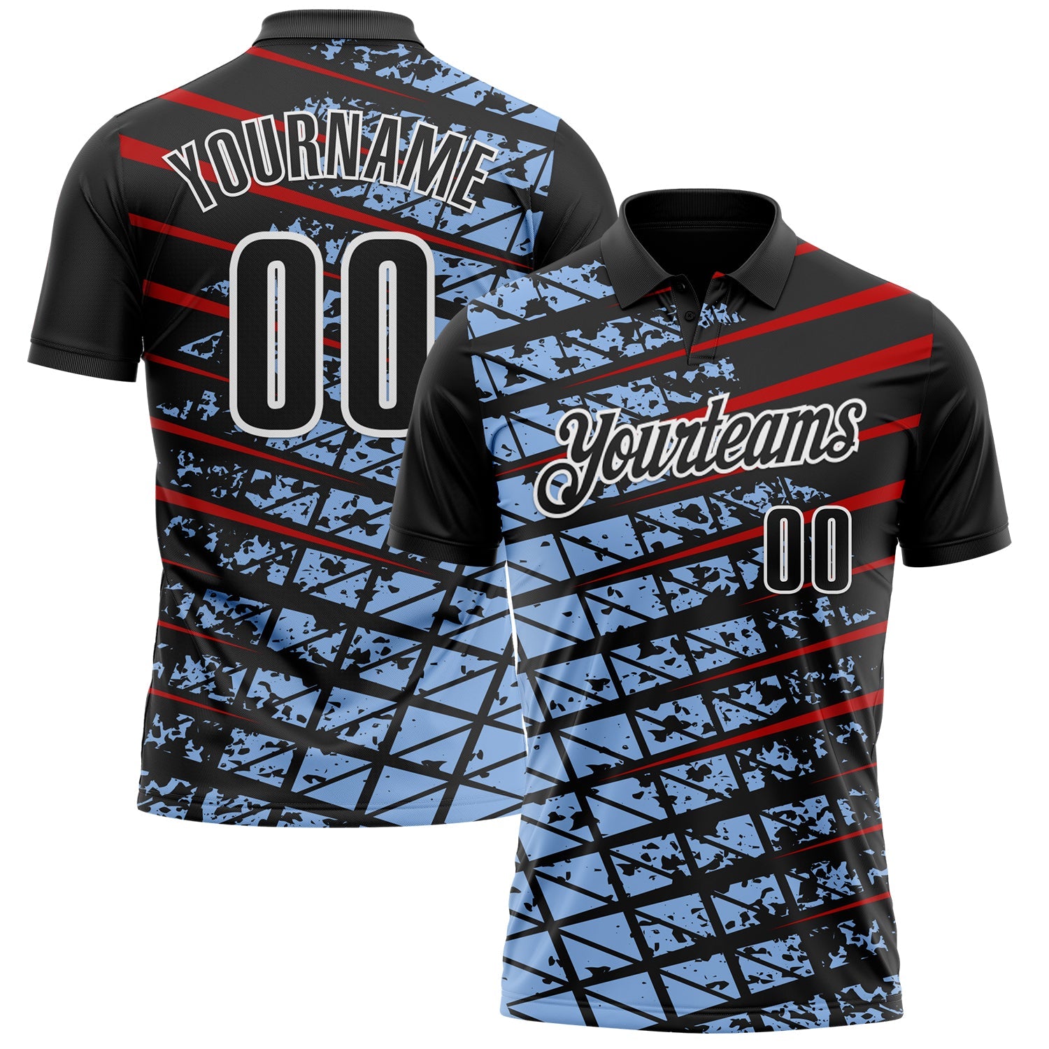 Custom Black Light Blue Red-White 3D Pattern Design Grid And Fragment Art Performance Polo Shirt - Main View