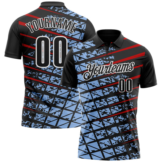 Custom Black Light Blue Red-White 3D Pattern Design Grid And Fragment Art Performance Polo Shirt - Main View