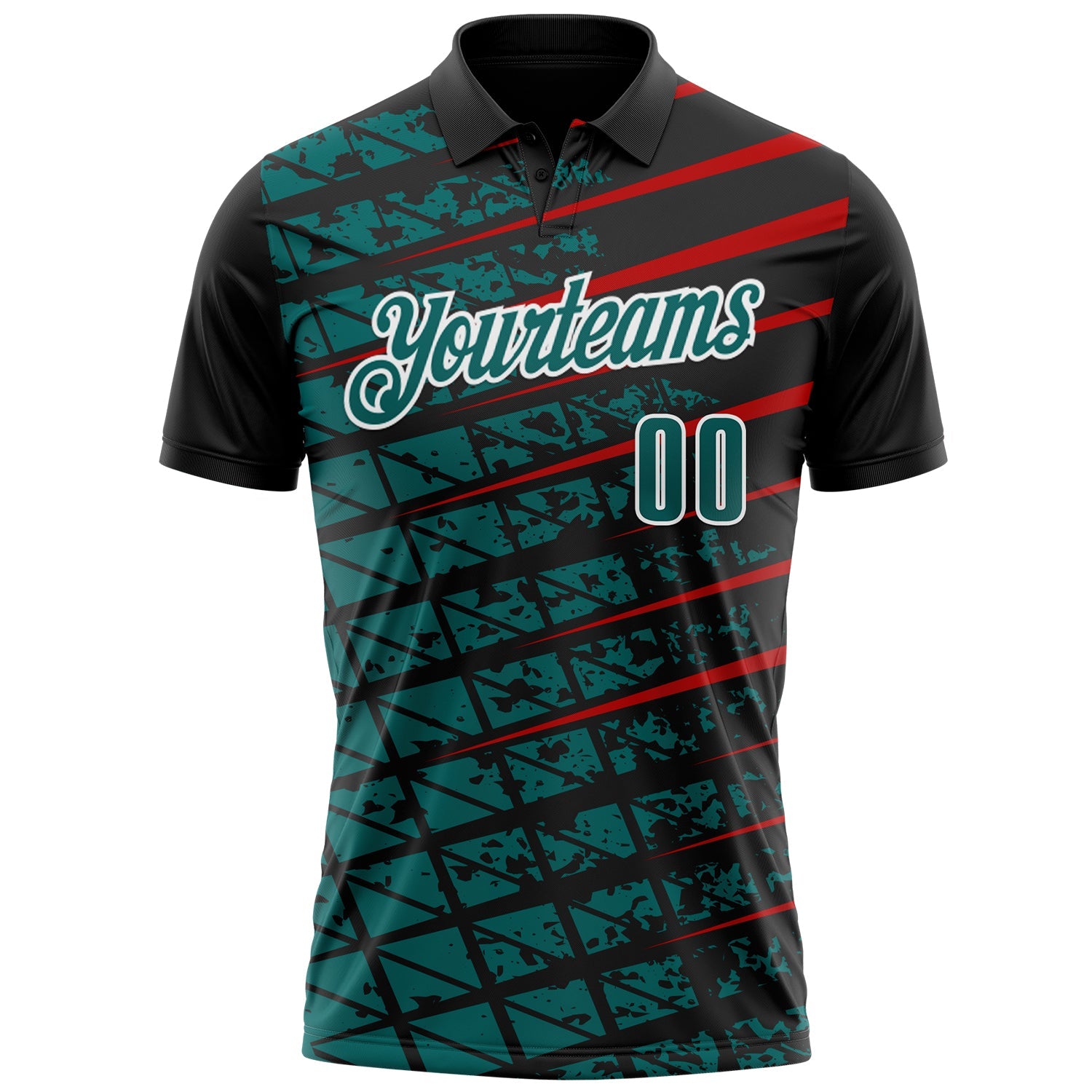 Custom Black Teal Red-White 3D Pattern Design Grid And Fragment Art Performance Polo Shirt view 2