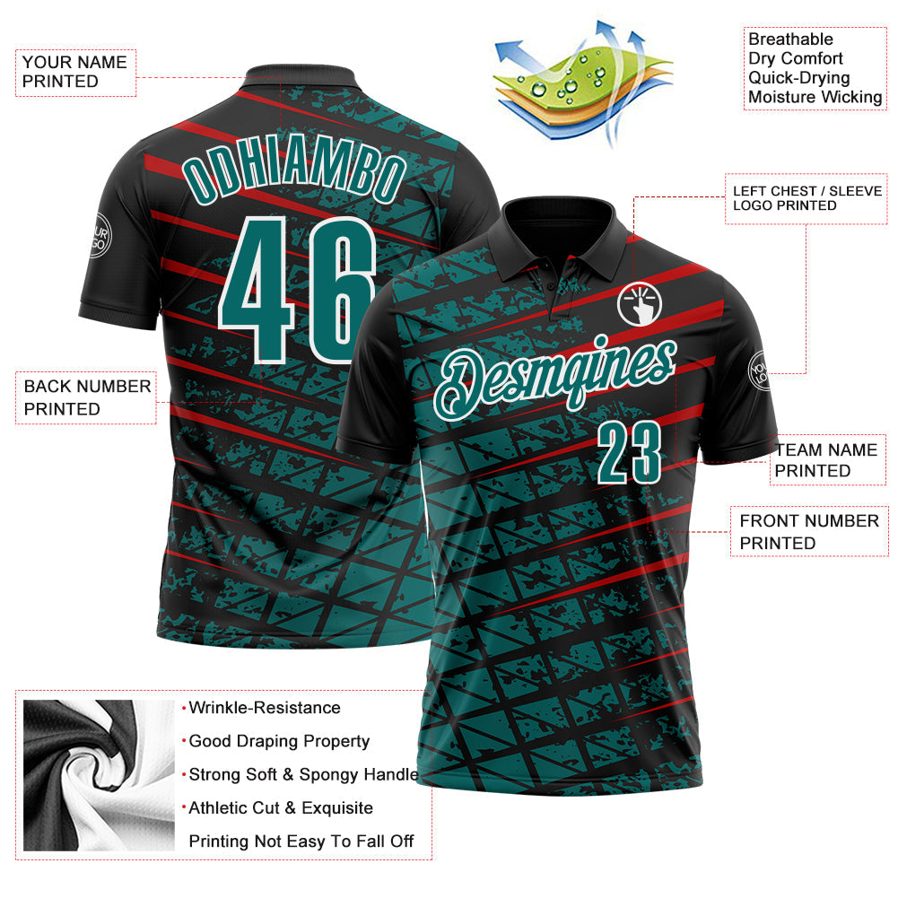 Custom Black Teal Red-White 3D Pattern Design Grid And Fragment Art Performance Polo Shirt view 3