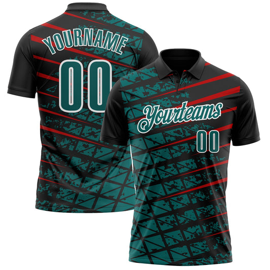 Custom Black Teal Red-White 3D Pattern Design Grid And Fragment Art Performance Polo Shirt - Main View