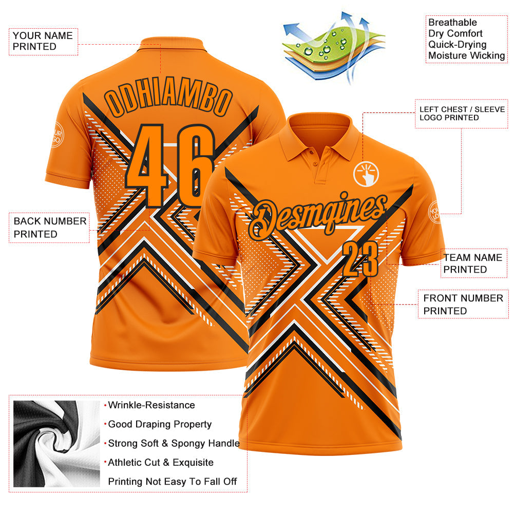 Custom Bay Orange Black-White 3D Pattern Design Geometric Shapes Performance Polo Shirt view 3