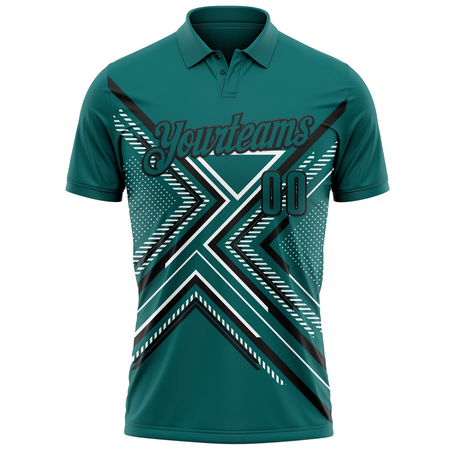 Custom Teal Black-White 3D Pattern Design Geometric Shapes Performance Polo Shirt view 2