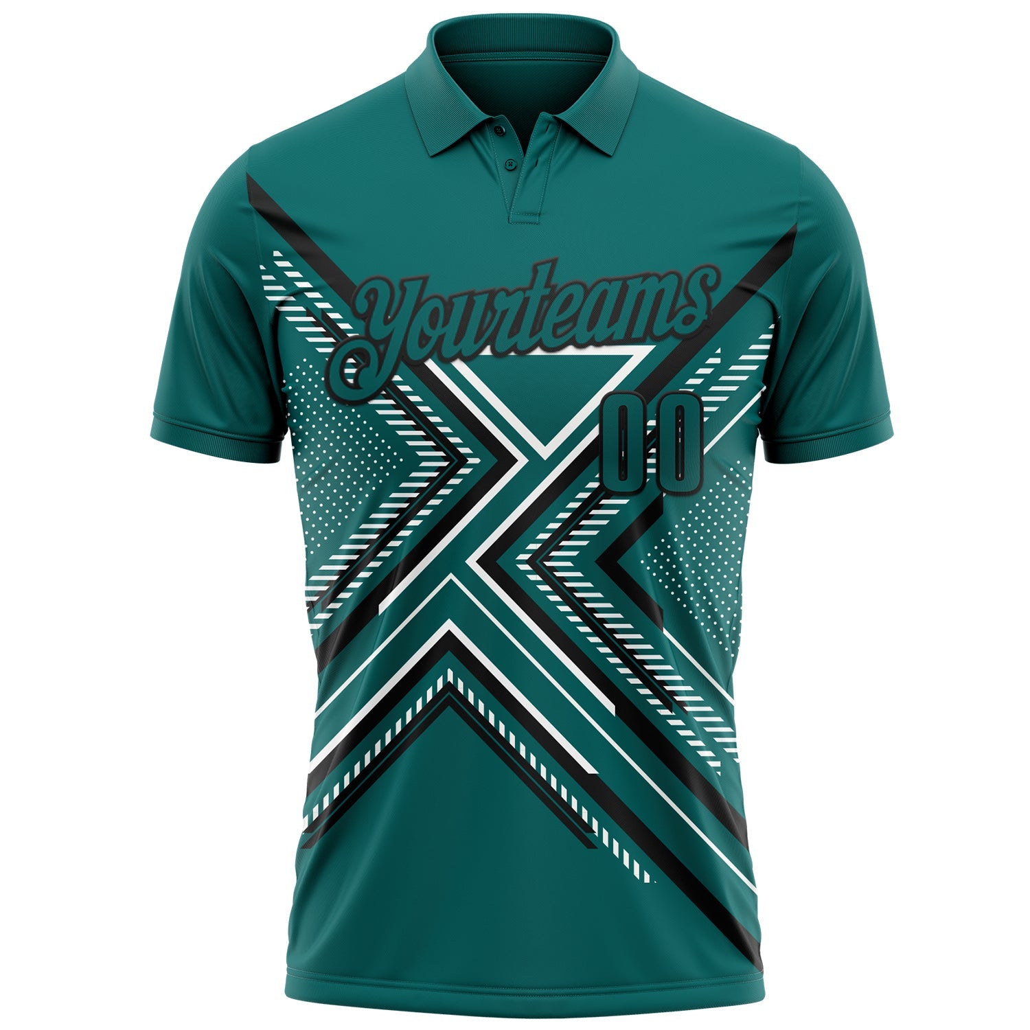 Custom Teal Black-White 3D Pattern Design Geometric Shapes Performance Polo Shirt view 2