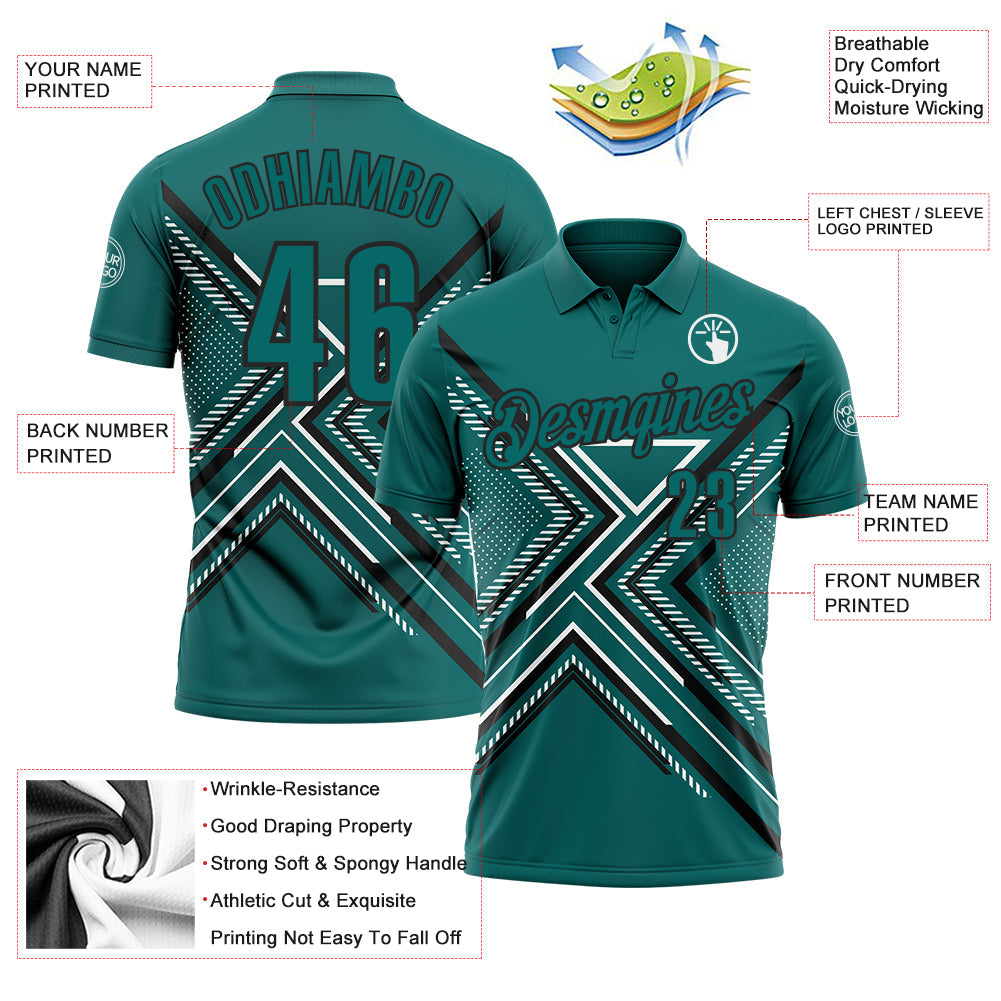 Custom Teal Black-White 3D Pattern Design Geometric Shapes Performance Polo Shirt view 3