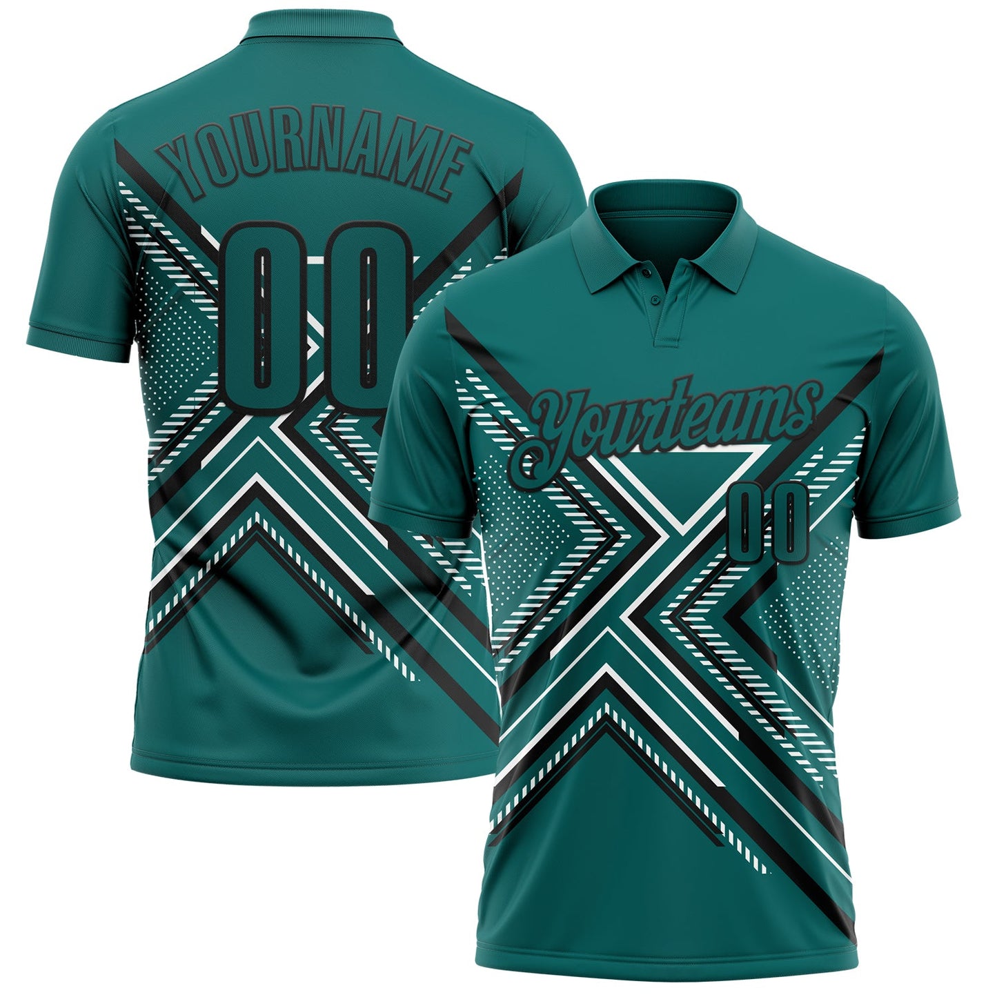 Custom Teal Black-White 3D Pattern Design Geometric Shapes Performance Polo Shirt - Main View