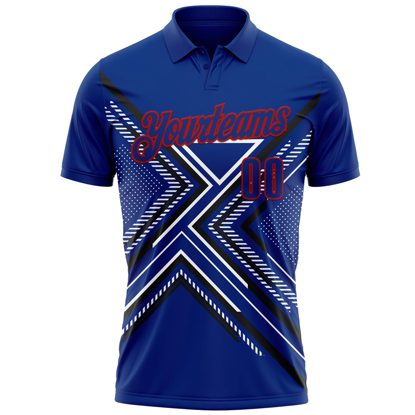 Custom Royal Black Red-White 3D Pattern Design Geometric Shapes Performance Polo Shirt view 2