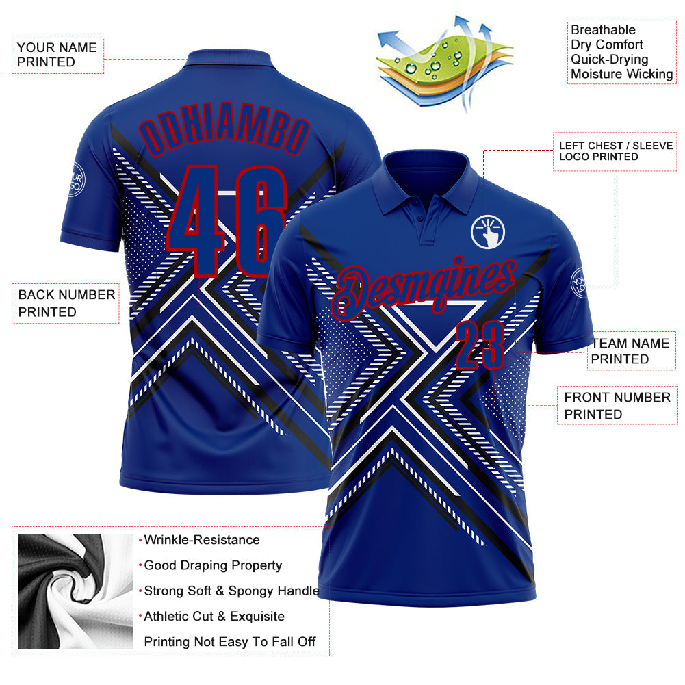 Custom Royal Black Red-White 3D Pattern Design Geometric Shapes Performance Polo Shirt view 3