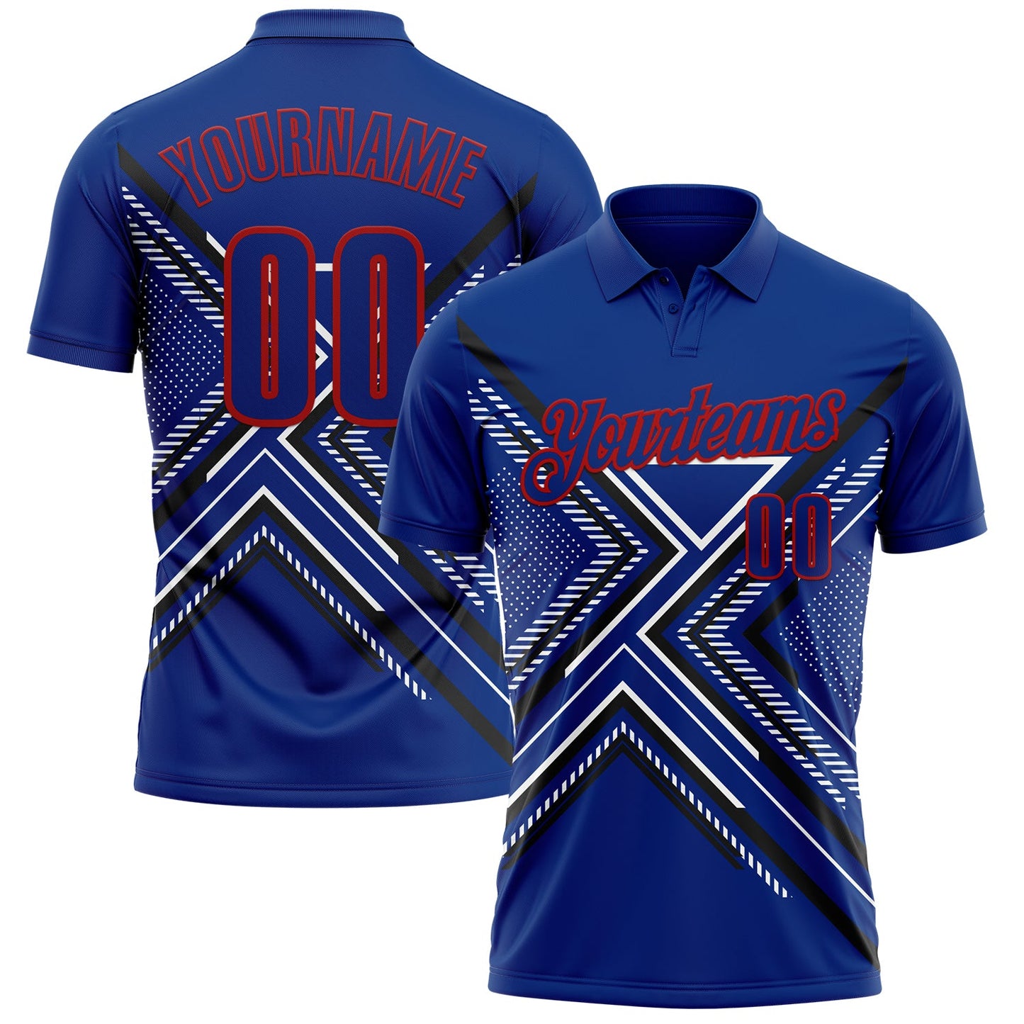 Custom Royal Black Red-White 3D Pattern Design Geometric Shapes Performance Polo Shirt - Main View