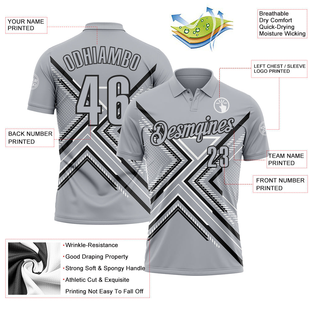 Custom Gray Black-White 3D Pattern Design Geometric Shapes Performance Polo Shirt view 3