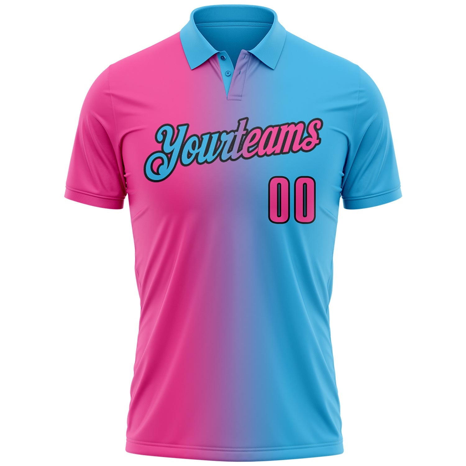 Custom Sky Blue Pink-Black 3D Gradient Fashion Performance Polo Shirt view 2