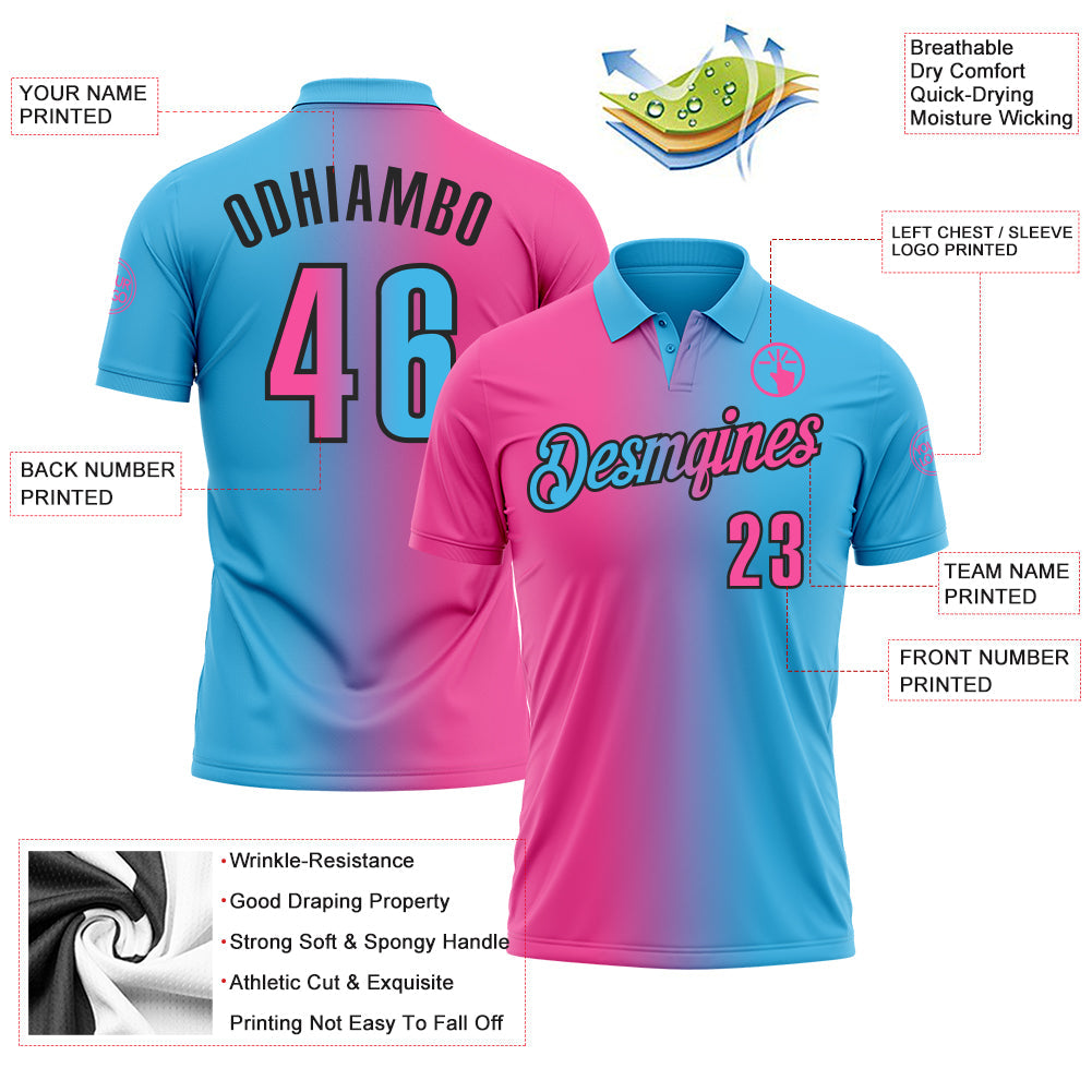 Custom Sky Blue Pink-Black 3D Gradient Fashion Performance Polo Shirt view 3