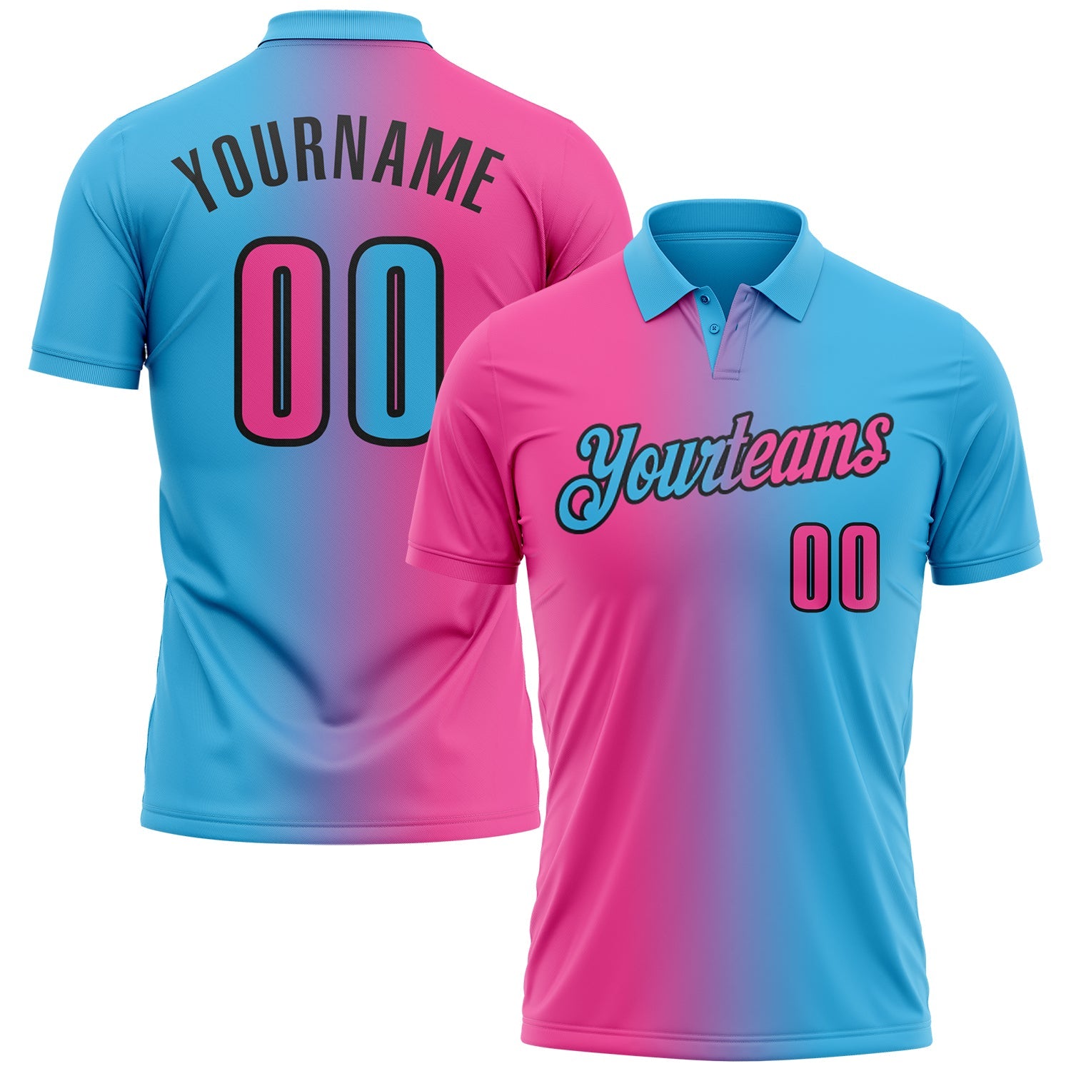 Custom Sky Blue Pink-Black 3D Gradient Fashion Performance Polo Shirt - Main View