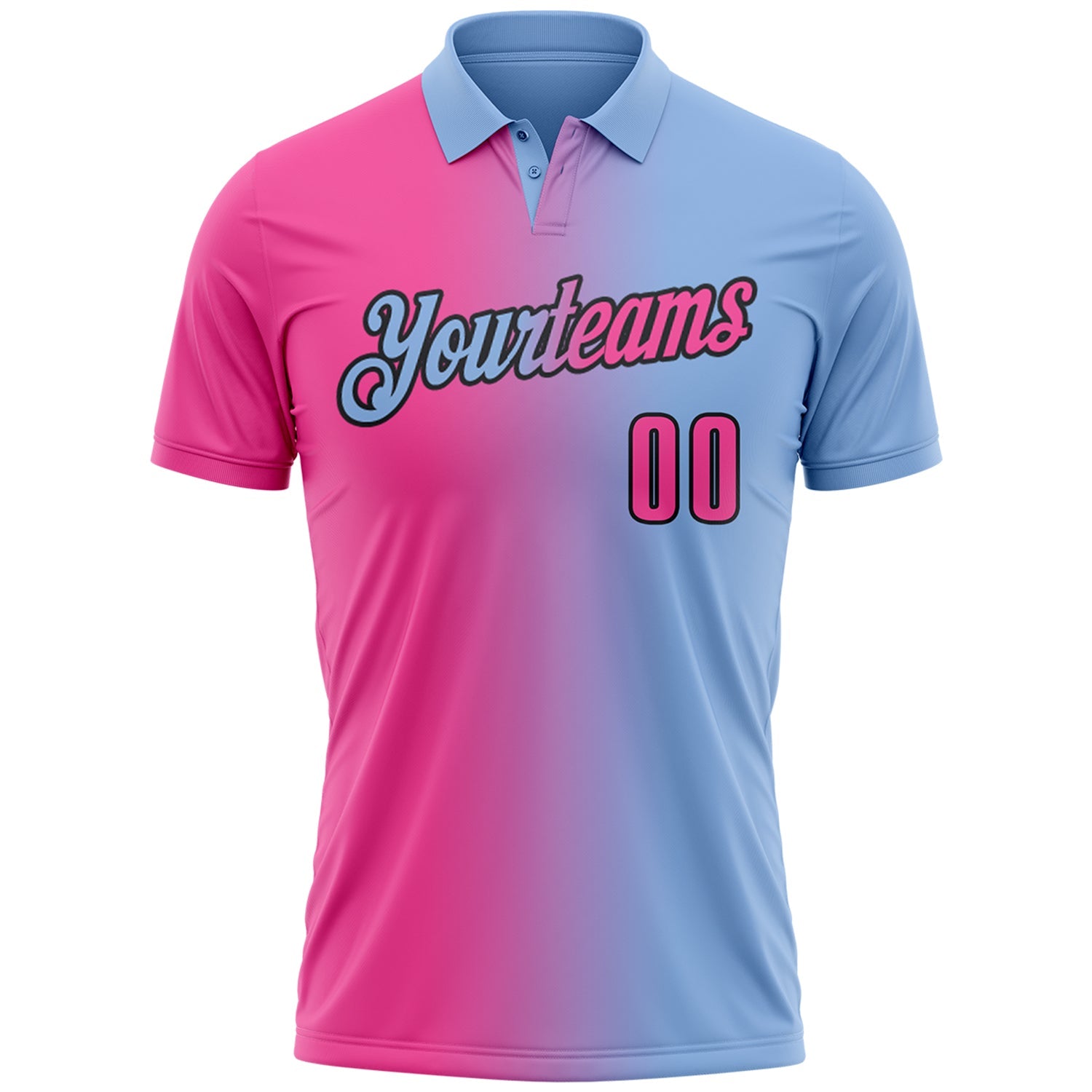 Custom Light Blue Pink-Black 3D Gradient Fashion Performance Polo Shirt view 2