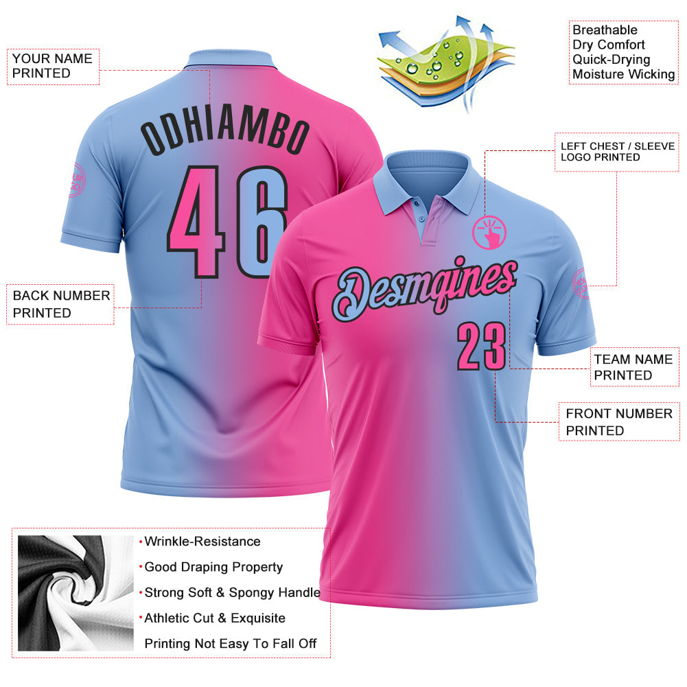 Custom Light Blue Pink-Black 3D Gradient Fashion Performance Polo Shirt view 3