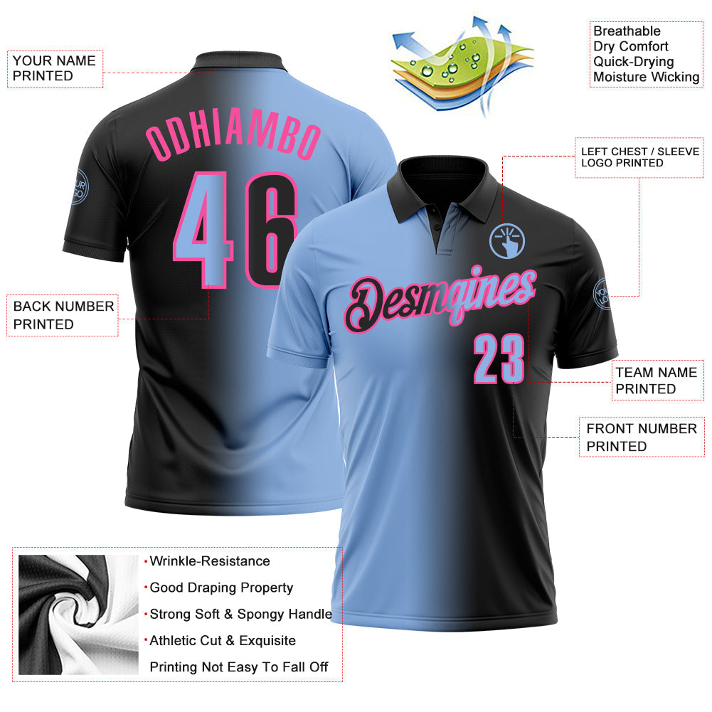 Custom Black Light Blue-Pink 3D Gradient Fashion Performance Polo Shirt view 3