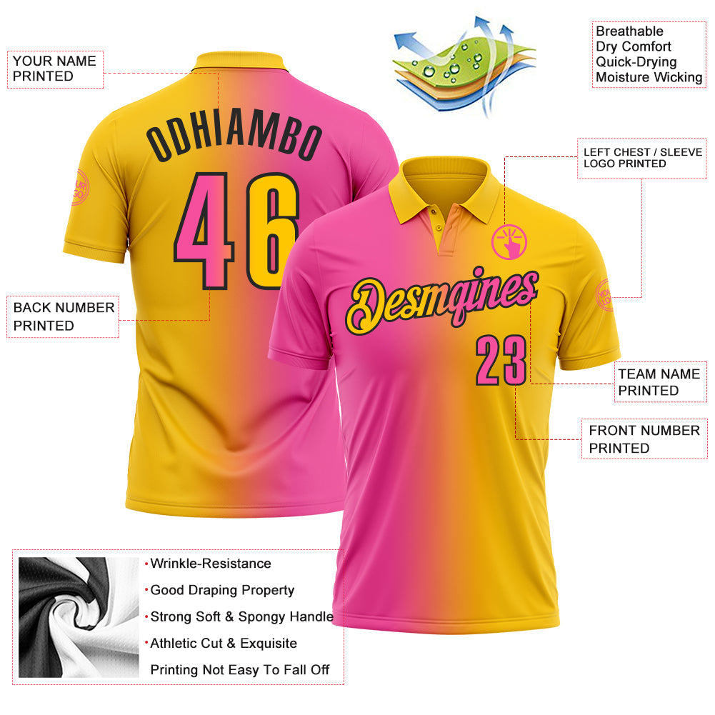 Custom Yellow Pink-Black 3D Gradient Fashion Performance Polo Shirt view 3