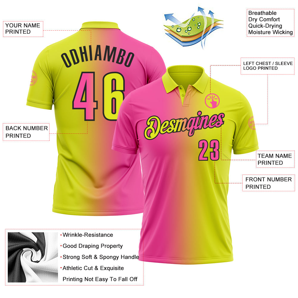 Custom Neon Yellow Pink-Black 3D Gradient Fashion Performance Polo Shirt view 3