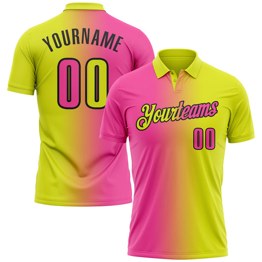 Custom Neon Yellow Pink-Black 3D Gradient Fashion Performance Polo Shirt - Main View