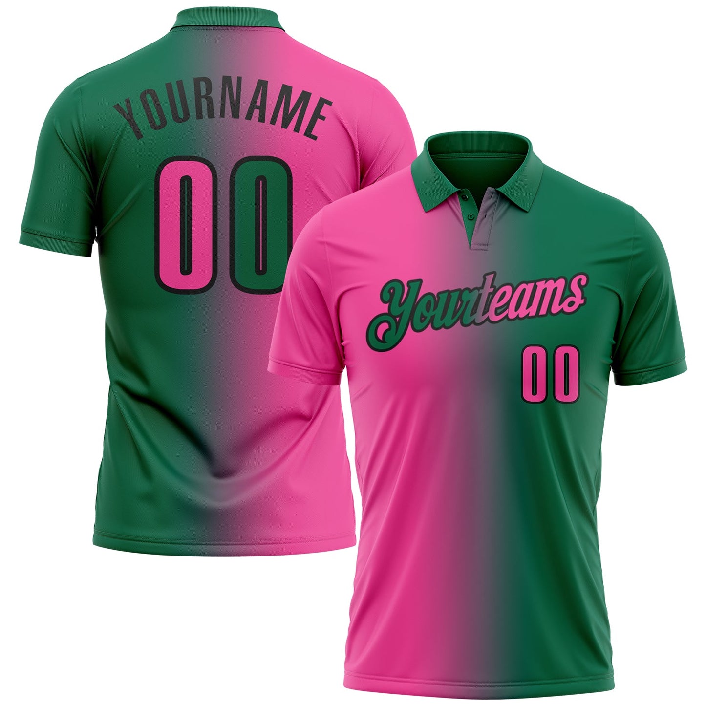 Custom Kelly Green Pink-Black 3D Gradient Fashion Performance Polo Shirt - Main View