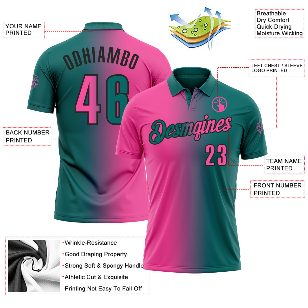 Custom Teal Pink-Black 3D Gradient Fashion Performance Polo Shirt view 3