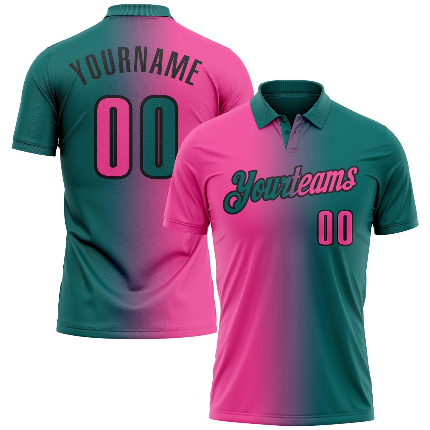 Custom Teal Pink-Black 3D Gradient Fashion Performance Polo Shirt - Main View