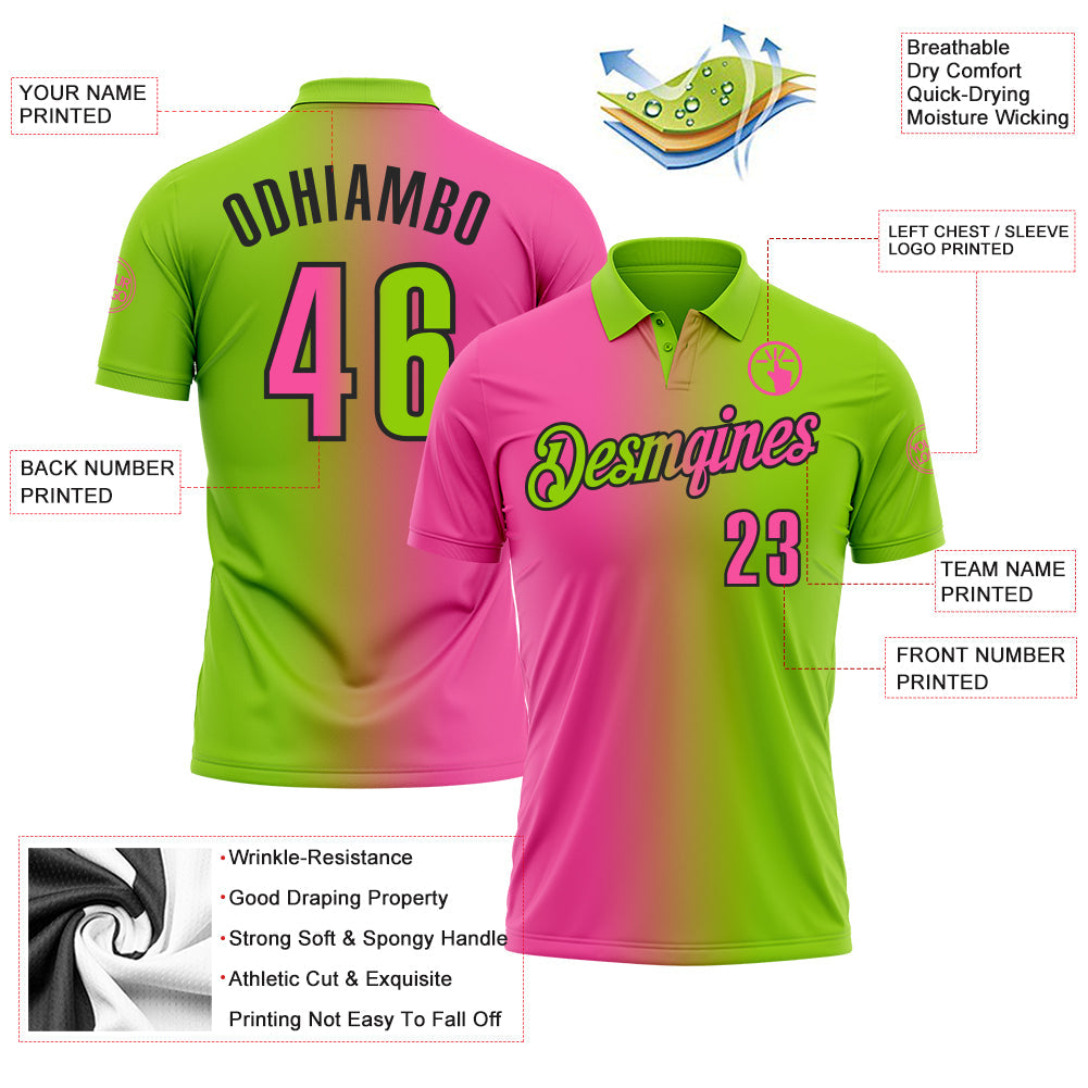 Custom Neon Green Pink-Black 3D Gradient Fashion Performance Polo Shirt view 3