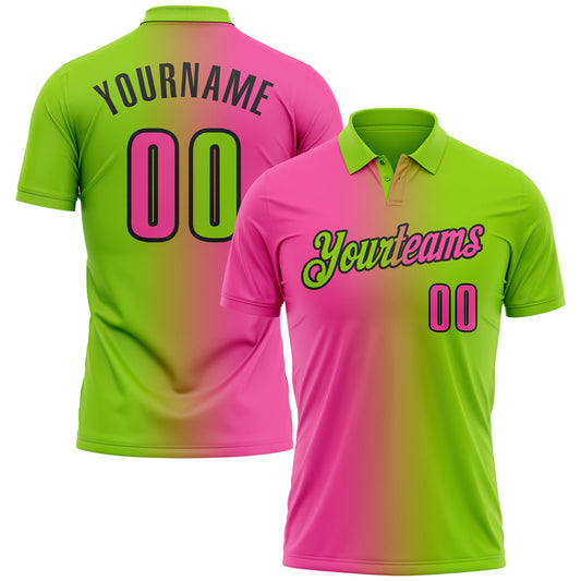 Custom Neon Green Pink-Black 3D Gradient Fashion Performance Polo Shirt - Main View