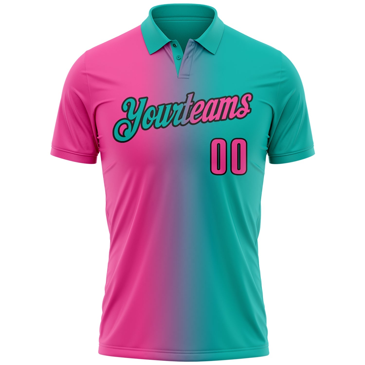 Custom Aqua Pink-Black 3D Gradient Fashion Performance Polo Shirt view 2